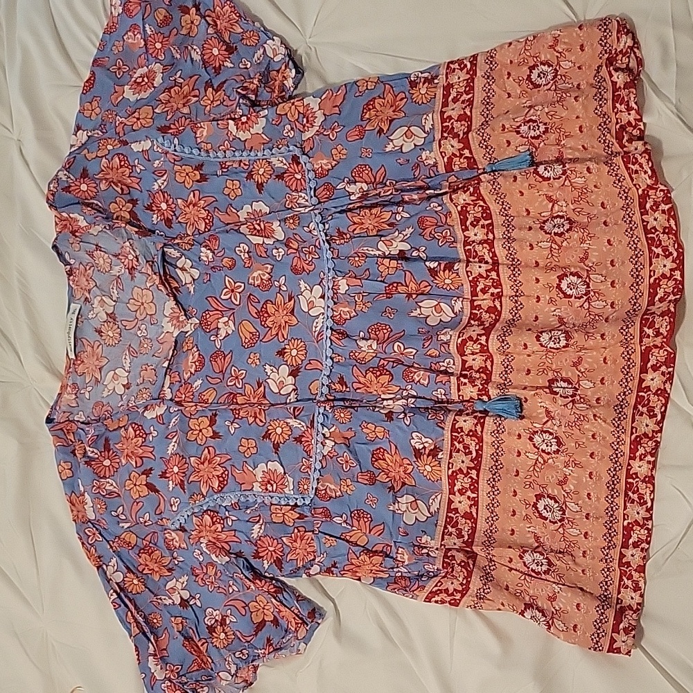 Red, white and blue floral blouse